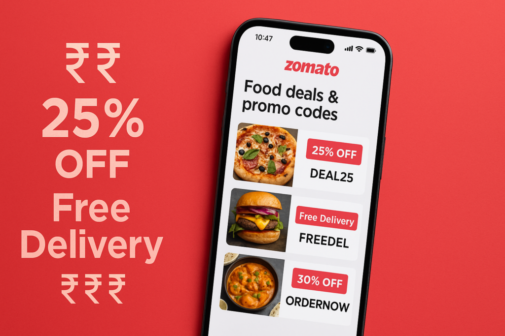 Zomato app showing active promo codes and food deals for 2025 with discount and free delivery offers