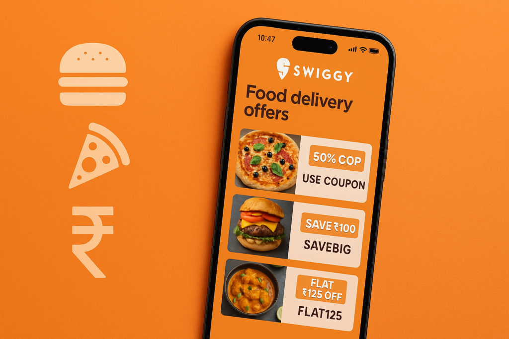 Swiggy app interface displaying June 2025 coupon codes, food offers, and cashbacks with popular dishes