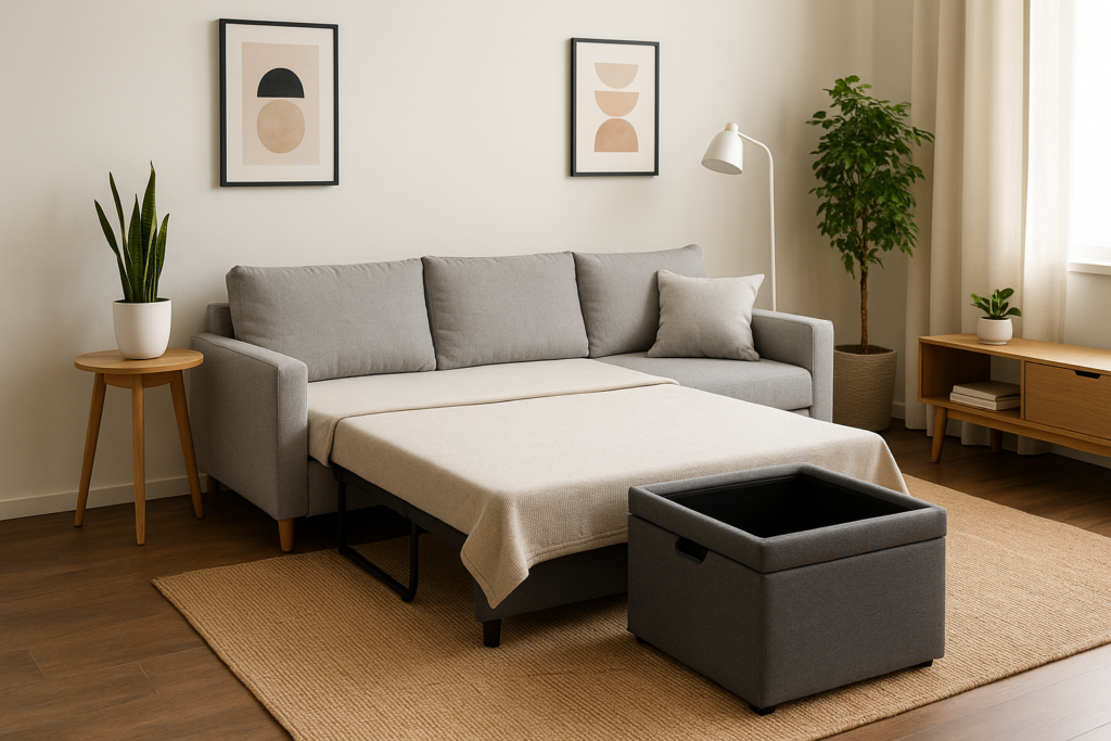 Multi-functional furniture for small apartments including a gray convertible sofa bed and a storage ottoman in a modern living room.