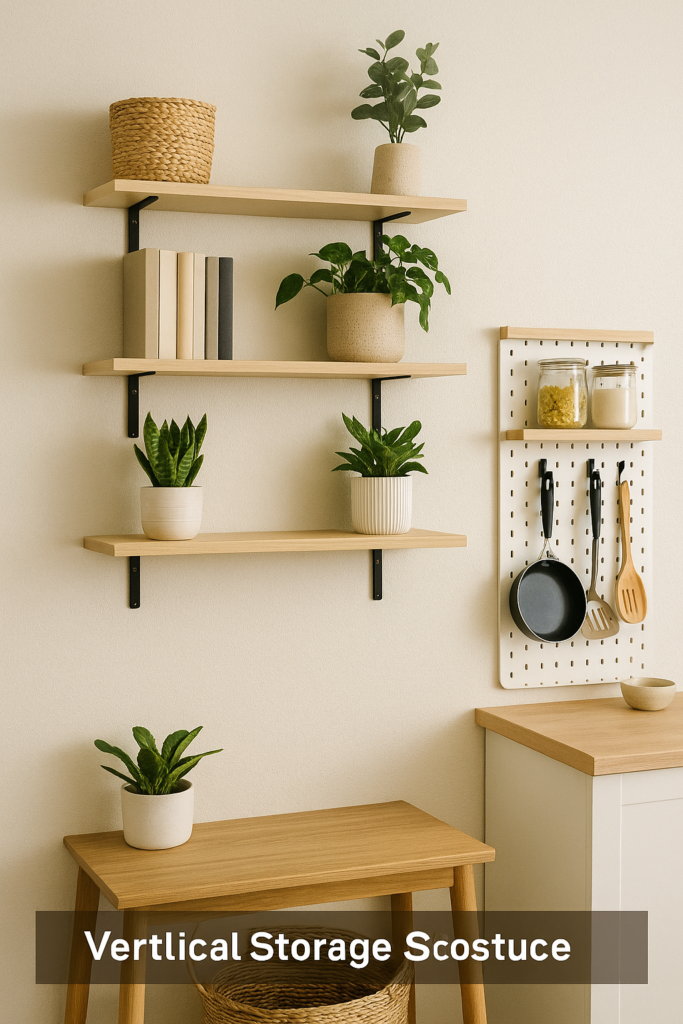 Vertical storage for small apartments featuring floating wooden shelves, a pegboard with kitchen utensils, and decorative plants in a compact kitchen corner.