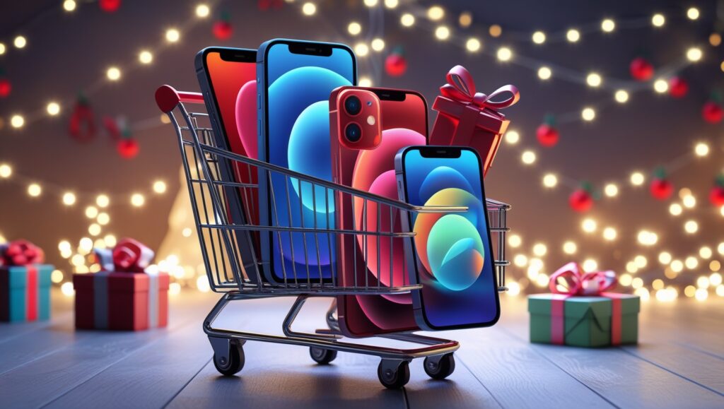 Shopping cart filled with iPhones with glowing festive lights representing iPhone discounts in Flipkart Big Billion Days 2025