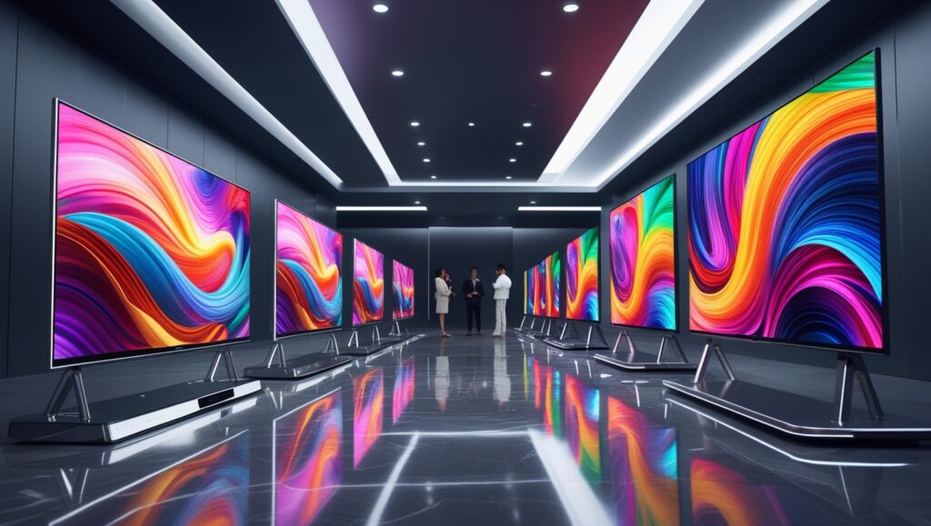 Futuristic showroom with premium QLED and OLED Smart TVs.