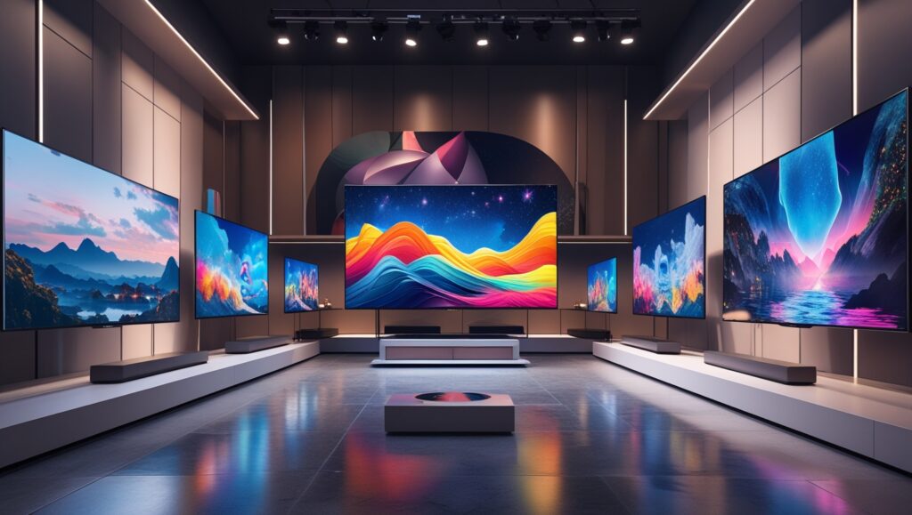 Stylish electronic showroom with multiple Smart TVs on display.