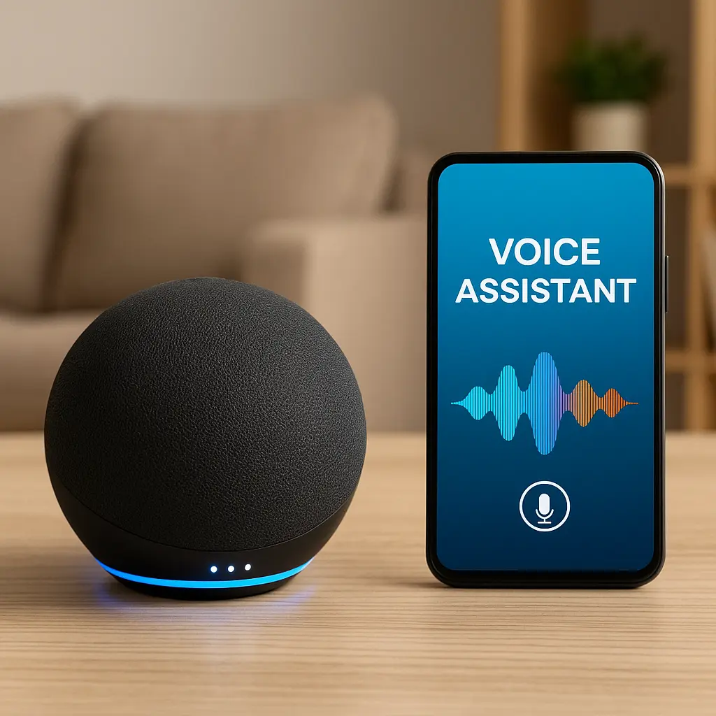 Smart speaker with voice assistant placed on a modern wooden table beside smartphone, used for controlling smart home devices.