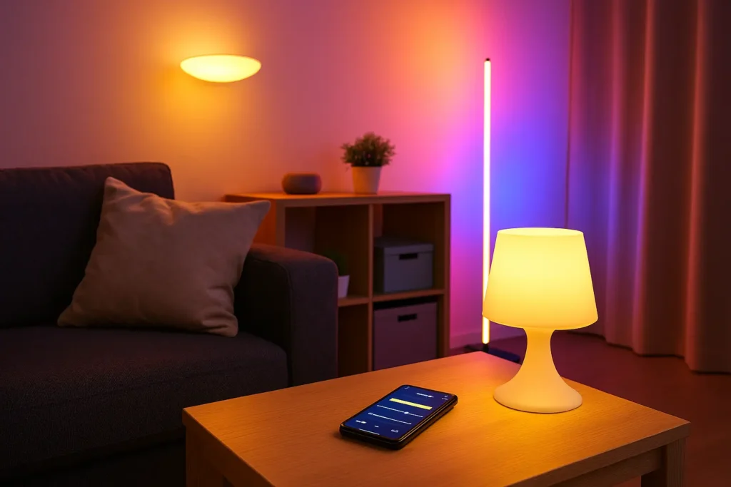 Smart lighting system in a cozy living room with ambient colored lights controlled by smartphone app.