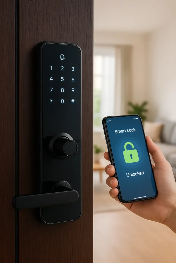 Smart door lock with digital keypad and smartphone app control used for home security automation.