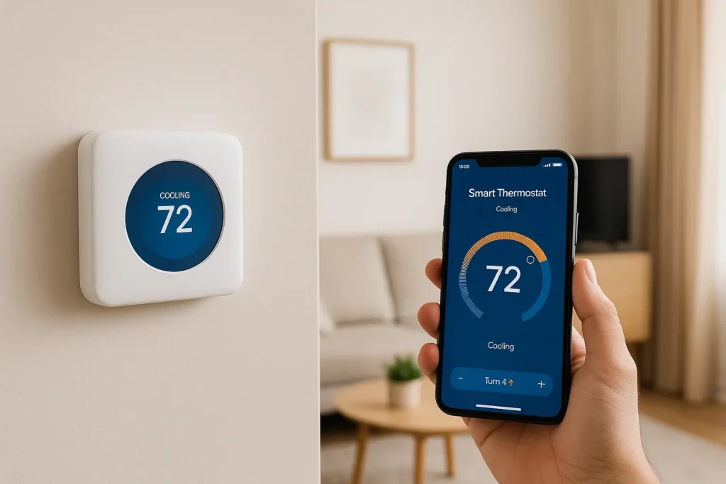 Smart thermostat displaying 72 degrees cooling mode, controlled by smartphone app in a modern living room.