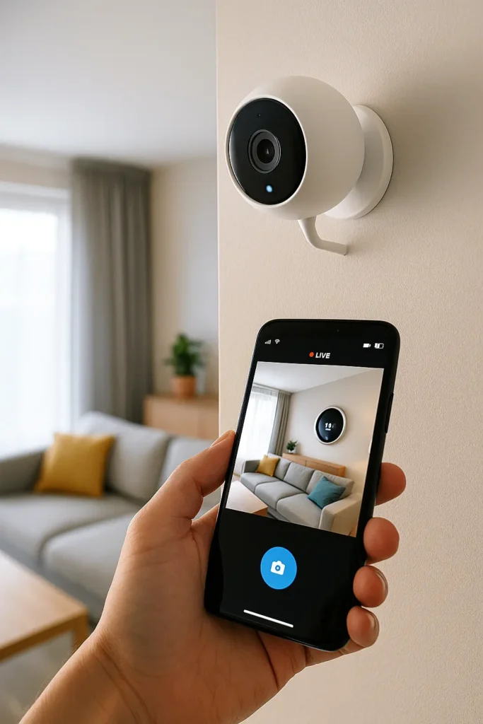 Smart security camera streaming live video feed to smartphone in a modern living room.