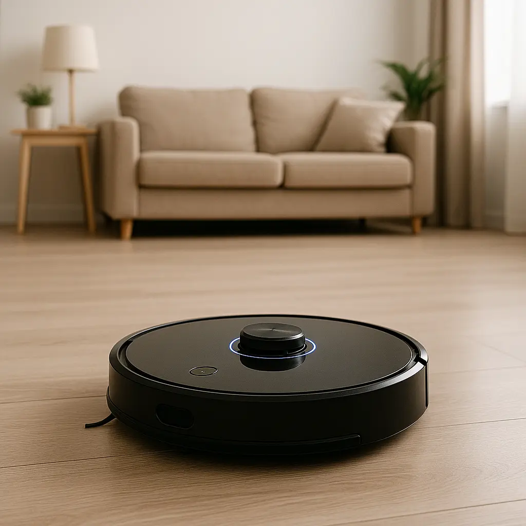 Robot vacuum cleaner cleaning hardwood floor in a modern living room with beige sofa and natural light.