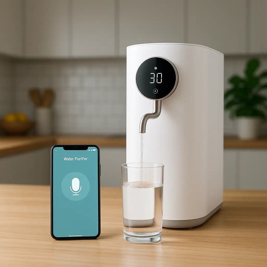 Smart water purifier with digital display and smartphone app control dispensing clean water into a glass in a modern kitchen.