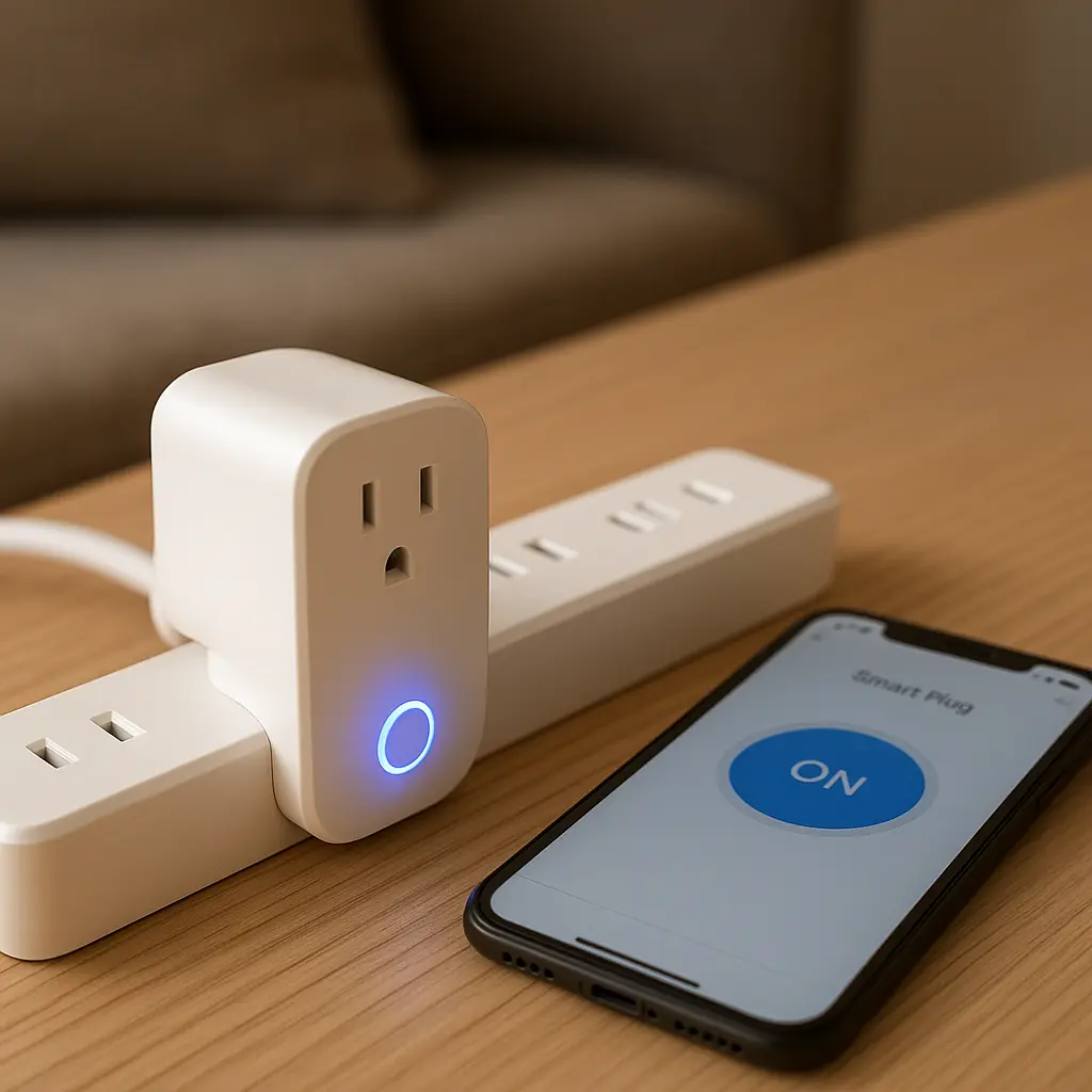 Smart plug connected to power strip with blue indicator light beside smartphone showing smart plug control app.