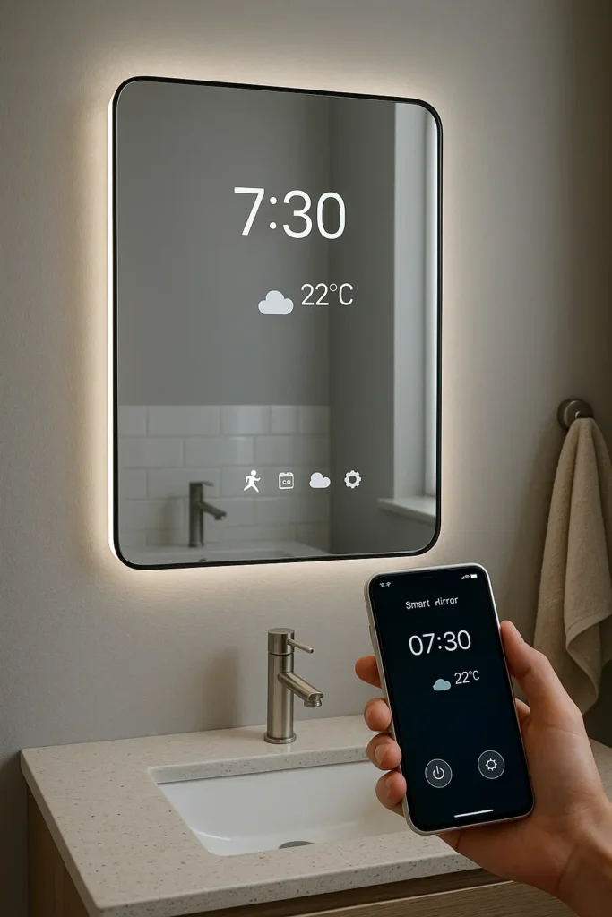 Smart mirror displaying time and weather with smartphone app control in a modern bathroom.
