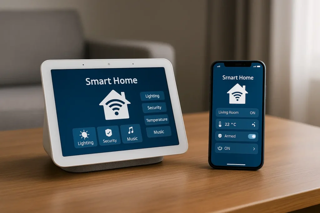 Smart home hub and smartphone displaying connected device controls for lighting, temperature, and security in a modern living room.