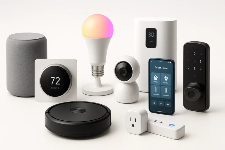 Collection of the most useful smart home devices in 2025 including smart speaker, thermostat, lighting, security camera, and robot vacuum on white background.